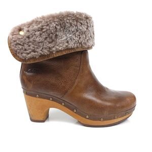 UGG Lynnea Leather Fur Shearling Lined Chunky Brownstone‎ Boots Booties 5 Boho